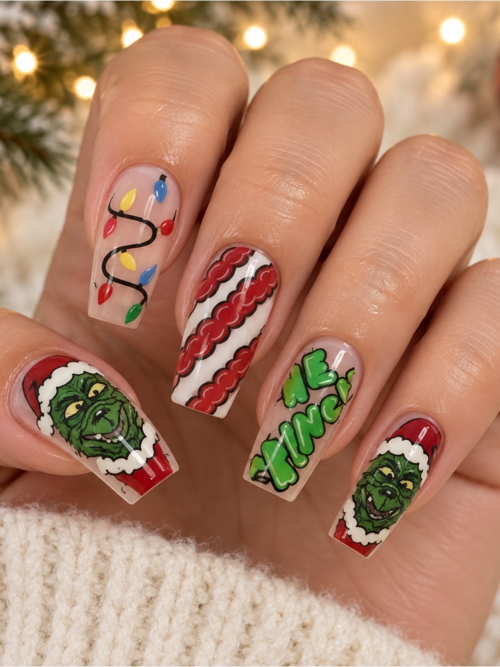 Grinch Christmas Press-On Nails Lights Candy Cane Long Square Holiday AC107